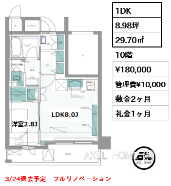 1DK 29.70㎡  賃料¥180,000 管理費¥10,000 敷金2ヶ月 礼金1ヶ月 3/24退去予定　フルリノベーション