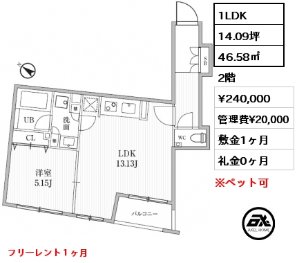 間取り11 1LDK 46.58㎡ 2階 賃料¥240,000 管理費¥20,000 敷金1ヶ月 礼金0ヶ月 フリーレント１ヶ月