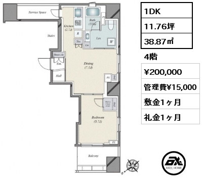 1DK 38.87㎡ 4階 賃料¥215,000 管理費¥15,000 敷金1ヶ月 礼金1ヶ月 定期借家3年