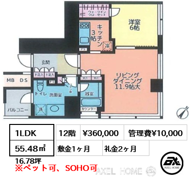 間取り11 1LDK 55.48㎡  賃料¥360,000 管理費¥10,000 敷金1ヶ月 礼金2ヶ月
