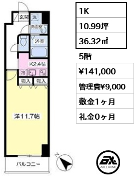間取り11 1K 36.32㎡  賃料¥141,000 管理費¥9,000 敷金1ヶ月 礼金0ヶ月