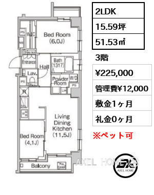 間取り11 2LDK 51.53㎡  賃料¥225,000 管理費¥12,000 敷金1ヶ月 礼金0ヶ月