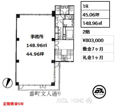 1R 148.96㎡  賃料¥803,000 敷金7ヶ月 礼金1ヶ月 定期借家5年