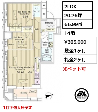 間取り11 2LDK 66.99㎡ 14階 賃料¥385,000 敷金1ヶ月 礼金2ヶ月 1月下旬入居予定