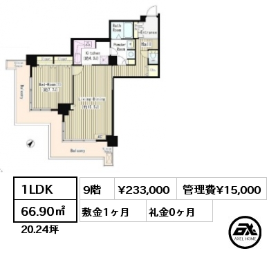 間取り11 1LDK 66.90㎡ 9階 賃料¥235,000 管理費¥15,000 敷金1ヶ月 礼金0ヶ月