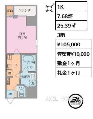 1K 25.39㎡  賃料¥105,000 管理費¥10,000 敷金1ヶ月 礼金1ヶ月