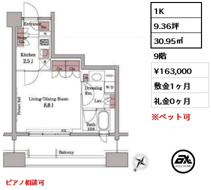 間取り11 1K 30.95㎡ 9階 賃料¥163,000 敷金1ヶ月 礼金0ヶ月 ピアノ相談可