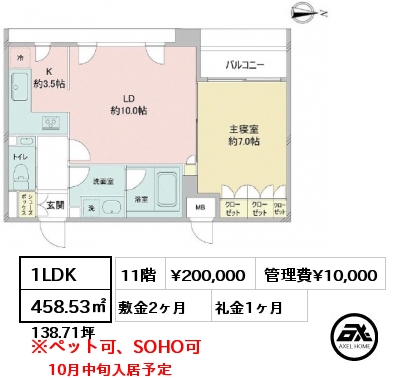 1LDK 458.53㎡ 11階 賃料¥200,000 管理費¥10,000 敷金2ヶ月 礼金1ヶ月 10月中旬入居予定
