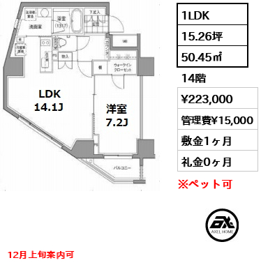 間取り11 1LDK 50.45㎡  賃料¥223,000 管理費¥15,000 敷金1ヶ月 礼金0ヶ月 12月上旬案内可