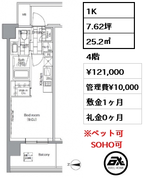 間取り11 1K 25.2㎡ 4階 賃料¥121,000 管理費¥10,000 敷金1ヶ月 礼金0ヶ月