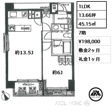 間取り11 1LDK 45.15㎡  賃料¥198,000 敷金2ヶ月 礼金1ヶ月 11月中旬入居予定　