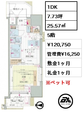 間取り11 1DK 25.57㎡ 5階 賃料¥120,750 管理費¥16,250 敷金1ヶ月 礼金1ヶ月