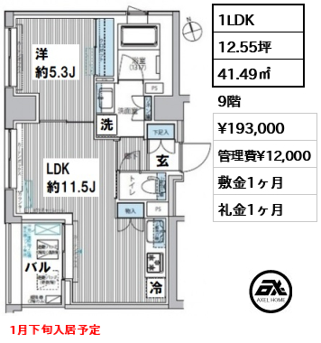 間取り11 1LDK 41.49㎡  賃料¥193,000 管理費¥12,000 敷金1ヶ月 礼金1ヶ月 1月下旬入居予定