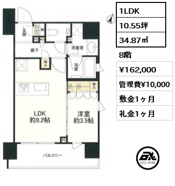 間取り11 1LDK 34.87㎡ 8階 賃料¥162,000 管理費¥10,000 敷金1ヶ月 礼金1ヶ月