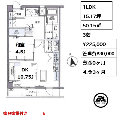 間取り11 1LDK 50.15㎡ 3階 賃料¥225,000 管理費¥30,000 敷金0ヶ月 礼金3ヶ月 家具家電付き　 　 　　　