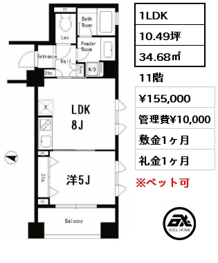 間取り11 1LDK 34.68㎡ 11階 賃料¥155,000 管理費¥10,000 敷金1ヶ月 礼金1ヶ月
