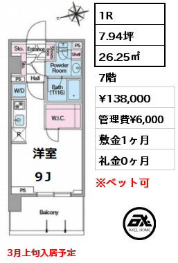 間取り11 1R 26.25㎡ 7階 賃料¥133,000 管理費¥6,000 敷金1ヶ月 礼金0ヶ月