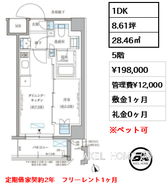 1DK 28.46㎡  賃料¥198,000 管理費¥12,000 敷金1ヶ月 礼金0ヶ月 定期借家契約2年　フリーレント1ヶ月