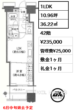 1LDK 36.22㎡  賃料¥235,000 管理費¥25,000 敷金1ヶ月 礼金1ヶ月 6月中旬退去予定