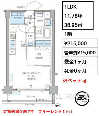 1LDK 38.95㎡  賃料¥215,000 管理費¥15,000 敷金1ヶ月 礼金0ヶ月 定期借家契約2年　フリーレント1ヶ月