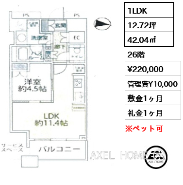 1LDK 42.04㎡  賃料¥220,000 管理費¥10,000 敷金1ヶ月 礼金1ヶ月