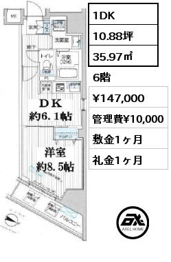 間取り12 1DK 35.97㎡ 6階 賃料¥147,000 管理費¥10,000 敷金1ヶ月 礼金1ヶ月