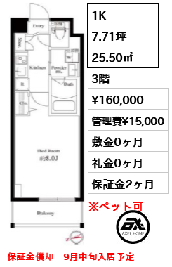間取り12 1K 25.50㎡  賃料¥160,000 管理費¥15,000 敷金0ヶ月 礼金0ヶ月 保証金償却　9月中旬入居予定