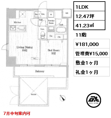 1LDK 41.23㎡ 11階 賃料¥181,000 管理費¥15,000 敷金1ヶ月 礼金1ヶ月 7月中旬案内可