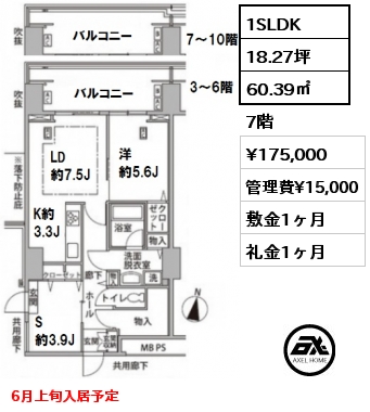 間取り12 1SLDK 60.39㎡ 7階 賃料¥190,000 管理費¥15,000 敷金1ヶ月 礼金1ヶ月 6月上旬入居予定