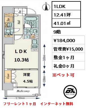間取り12 1LDK 41.01㎡ 9階 賃料¥184,000 管理費¥15,000 敷金1ヶ月 礼金0ヶ月 フリーレント１ヶ月　インターネット無料　