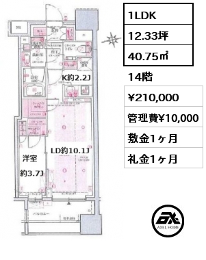 1LDK 40.75㎡ 14階 賃料¥210,000 管理費¥10,000 敷金1ヶ月 礼金1ヶ月