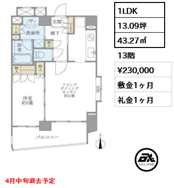 間取り12 1LDK 43.27㎡  賃料¥230,000 敷金1ヶ月 礼金1ヶ月 4月中旬退去予定