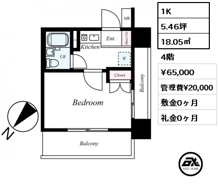 1K 18.05㎡ 4階 賃料¥65,000 管理費¥20,000 敷金0ヶ月 礼金0ヶ月