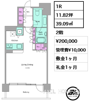 1R 39.09㎡  賃料¥200,000 管理費¥10,000 敷金1ヶ月 礼金1ヶ月