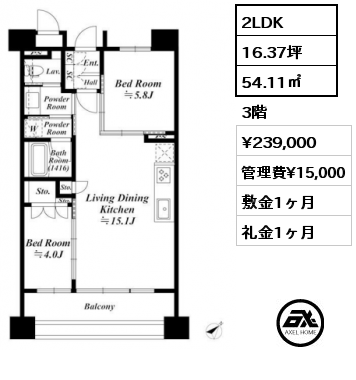 間取り12 2LDK 54.11㎡ 3階 賃料¥239,000 管理費¥15,000 敷金1ヶ月 礼金1ヶ月