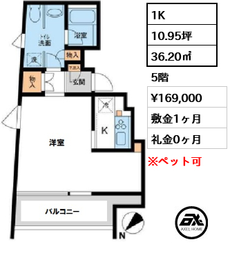間取り12 1K 36.20㎡  賃料¥169,000 敷金1ヶ月 礼金0ヶ月