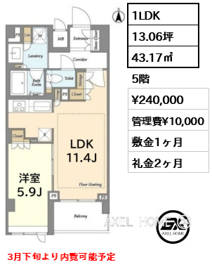 間取り12 1LDK 43.17㎡  賃料¥240,000 管理費¥10,000 敷金1ヶ月 礼金2ヶ月 3月下旬より内覧可能予定