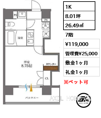 1K 26.49㎡  賃料¥119,000 管理費¥25,000 敷金1ヶ月 礼金1ヶ月