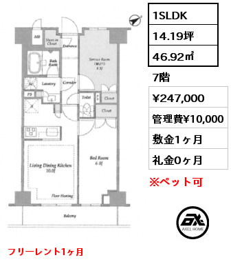 1SLDK 46.92㎡ 7階 賃料¥242,000 管理費¥10,000 敷金1ヶ月 礼金0ヶ月 10月上旬入居予定　フリーレント1ヶ月