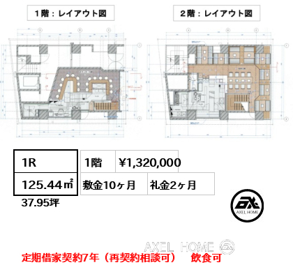 1R 125.44㎡  賃料¥1,320,000 敷金10ヶ月 礼金2ヶ月 定期借家契約7年（再契約相談可）　飲食可