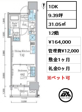 1DK 31.05㎡ 12階 賃料¥164,000 管理費¥12,000 敷金1ヶ月 礼金0ヶ月