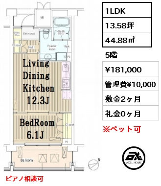間取り12 1LDK 44.88㎡ 5階 賃料¥181,000 管理費¥10,000 敷金2ヶ月 礼金0ヶ月 ピアノ相談可