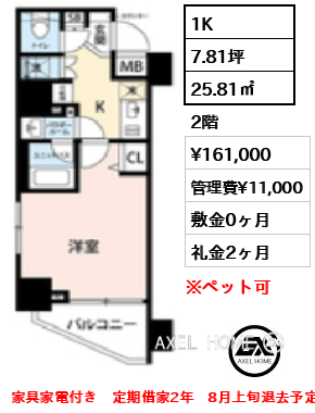 間取り12 1K 25.81㎡  賃料¥161,000 管理費¥11,000 敷金0ヶ月 礼金2ヶ月 家具家電付き　定期借家2年　8月上旬退去予定