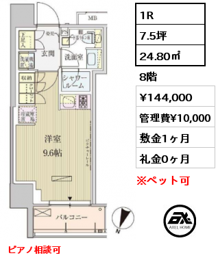 間取り12 1R 25.06㎡ 10階 賃料¥145,000 管理費¥10,000 敷金1ヶ月 礼金0ヶ月 ピアノ相談可　
