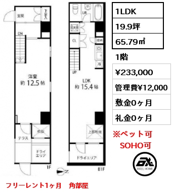間取り12 1LDK 65.79㎡ 1階 賃料¥233,000 管理費¥12,000 敷金0ヶ月 礼金0ヶ月 フリーレント1ヶ月　角部屋