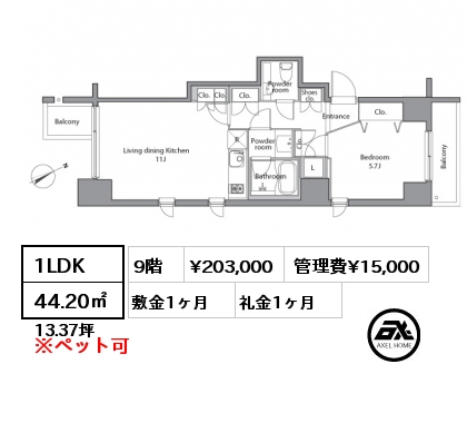 間取り12 1LDK 44.20㎡ 9階 賃料¥203,000 管理費¥15,000 敷金1ヶ月 礼金1ヶ月
