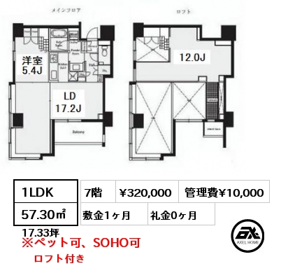 Bタイプ 1LDK 57.30㎡ 7階 賃料¥320,000 管理費¥10,000 敷金1ヶ月 礼金0ヶ月 ロフト付き　　　