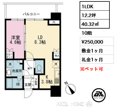 1LDK 40.32㎡  賃料¥250,000 敷金1ヶ月 礼金1ヶ月