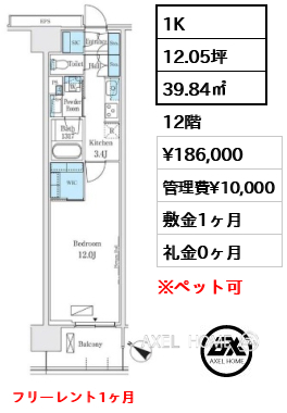 1K 39.84㎡  賃料¥186,000 管理費¥10,000 敷金1ヶ月 礼金0ヶ月 フリーレント1ヶ月