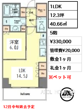 1LDK 40.66㎡  賃料¥330,000 管理費¥20,000 敷金1ヶ月 礼金1ヶ月 12月中旬退去予定